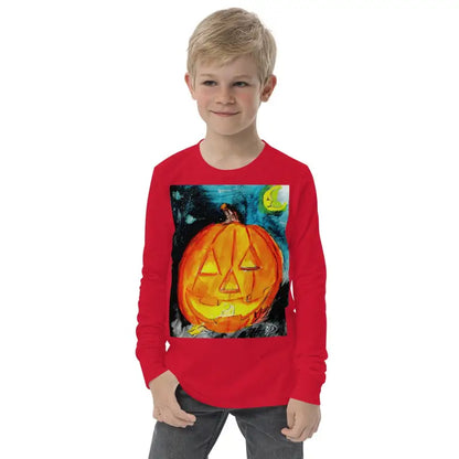 Red youth long sleeve t-shirt featuring a glowing jack-o’-lantern design for Halloween fun