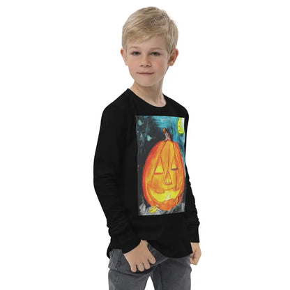 Black sweatshirt featuring a jack-o’-lantern design for Halloween fun in spooky soft youth style