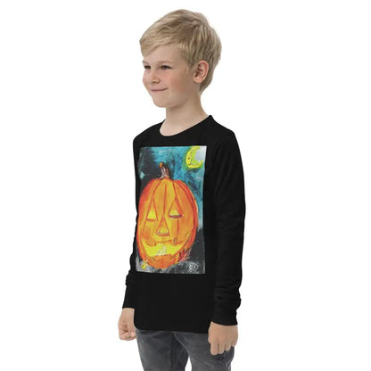 Black long sleeve tee featuring jack-o’-lantern design for Halloween soft youth long wear