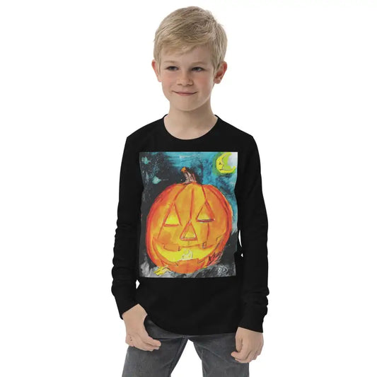 Black long sleeve tee with jack-o’-lantern design for youth long sleeve Halloween apparel