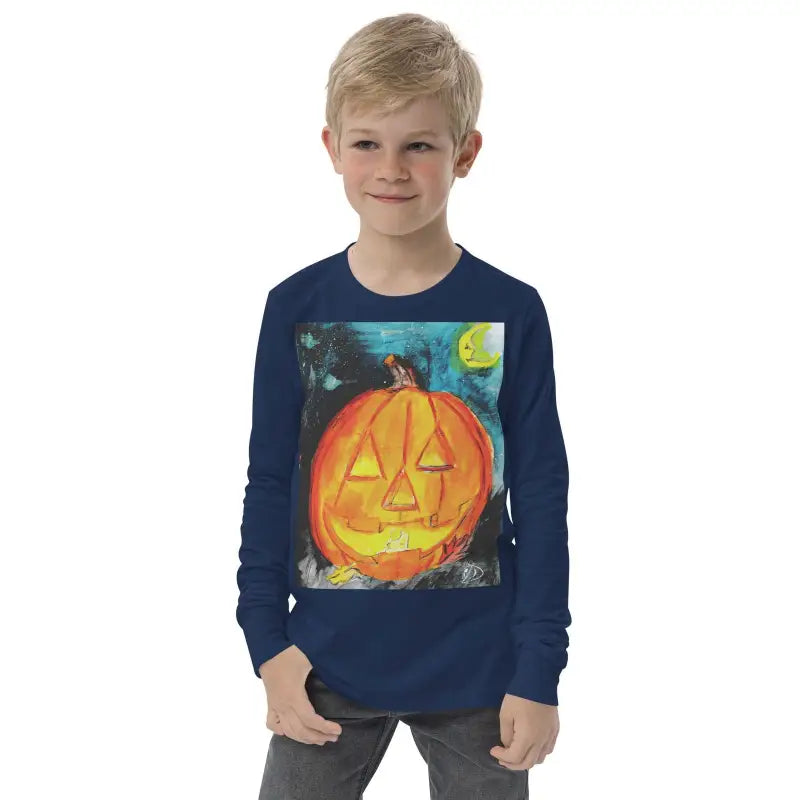 Navy blue youth long sleeve shirt with jack-o’-lantern design for Halloween fun