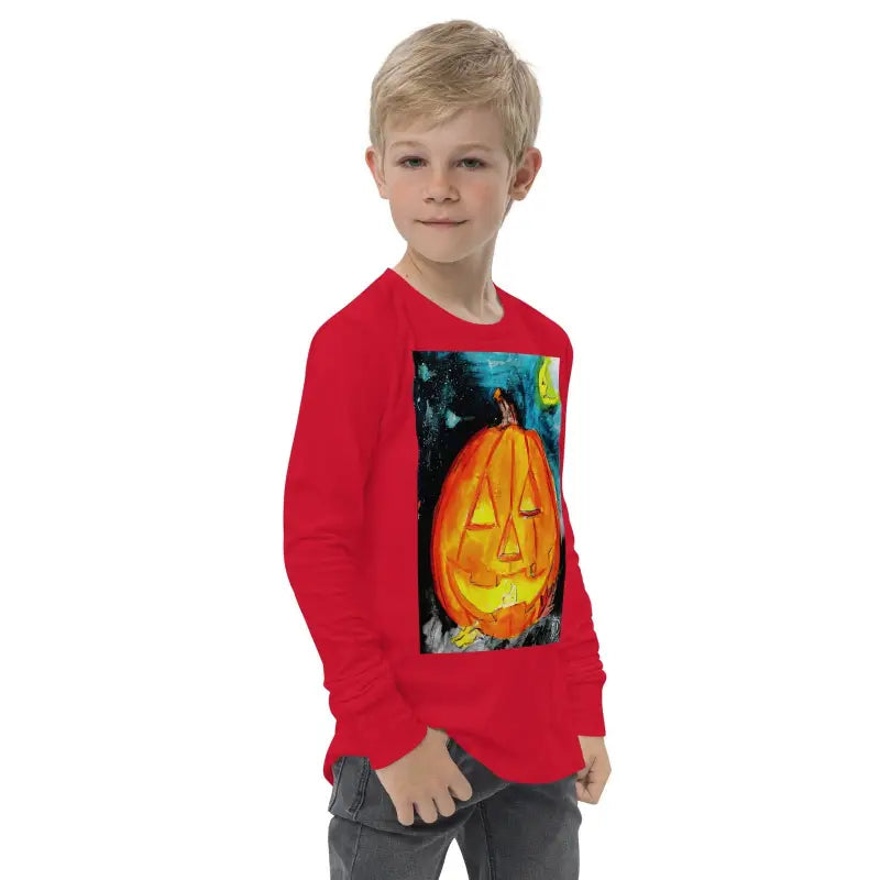 Red sweatshirt featuring jack-o’-lantern design, perfect soft youth long sleeve tee for Halloween