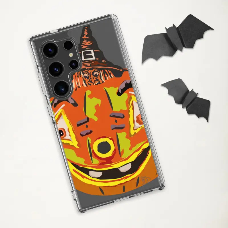 Pumpkin Witch Clear Case featuring a grinning Halloween pumpkin in a witch hat