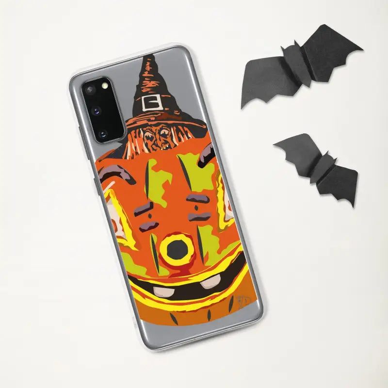 Pumpkin witch clear case featuring pumpkin with witch hat and black paper bats