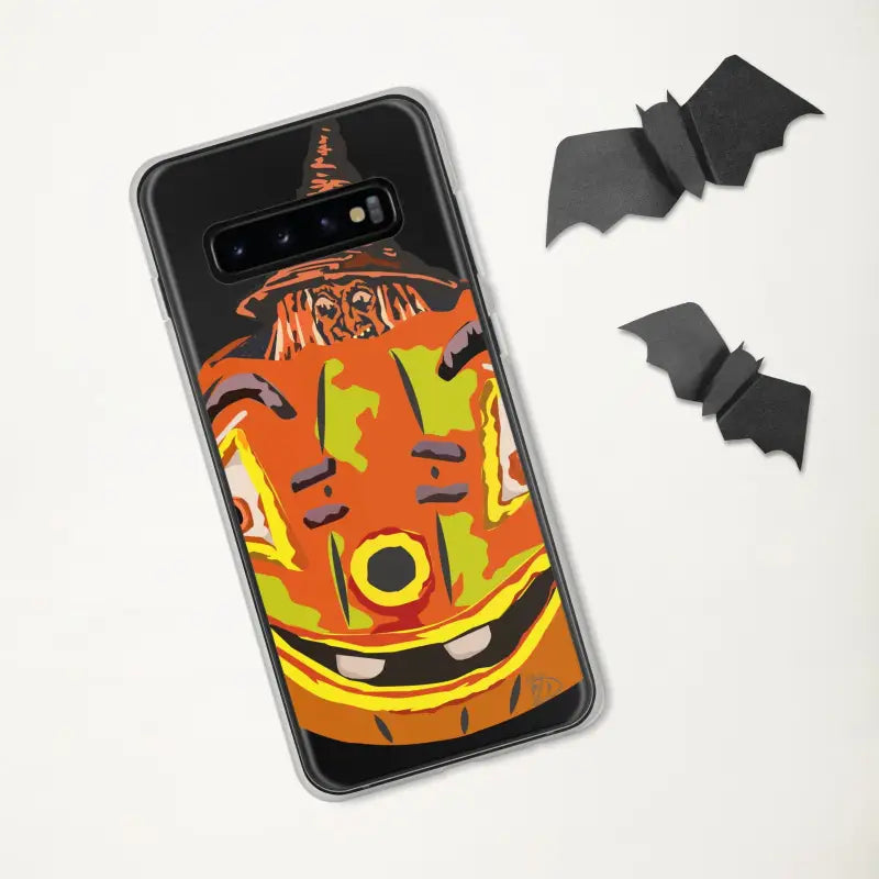 Samsung Galaxy Enchanting Pumpkin Witch Clear Case featuring Halloween pumpkin and bats design