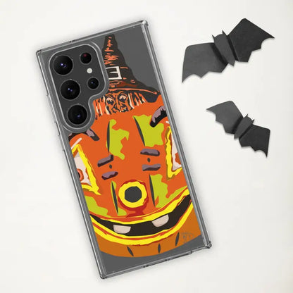 Phone case featuring a Halloween pumpkin witch design and black bats for Samsung Galaxy