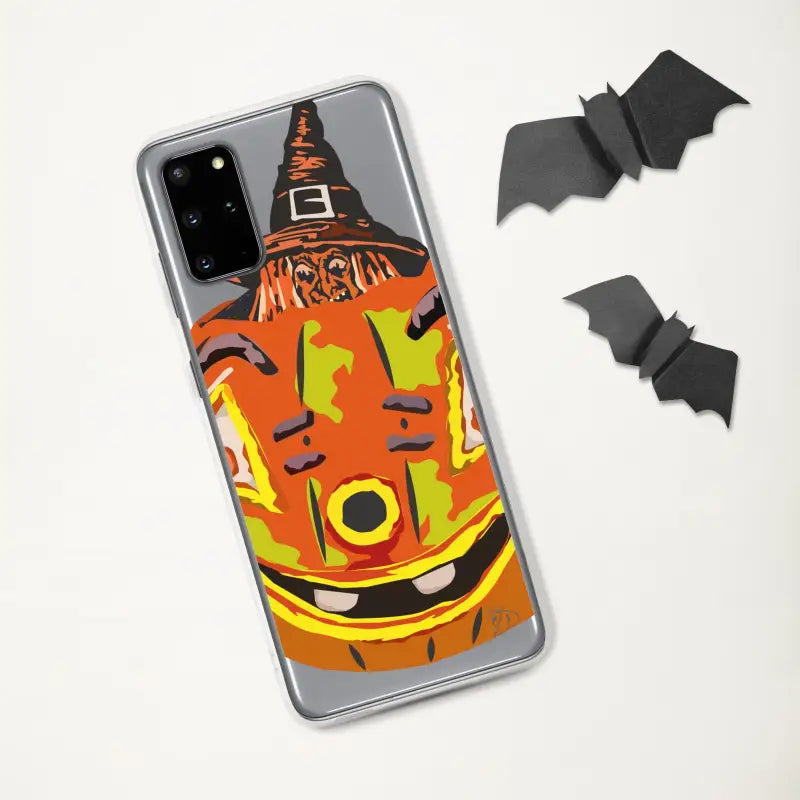 Phone case featuring a pumpkin witch wearing a hat in a clear design for Samsung Galaxy