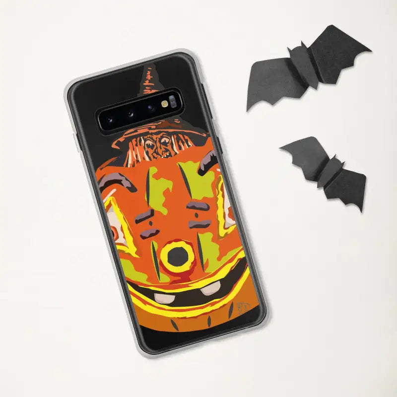 Samsung phone showcased in a Pumpkin Witch Clear case with a festive bat design