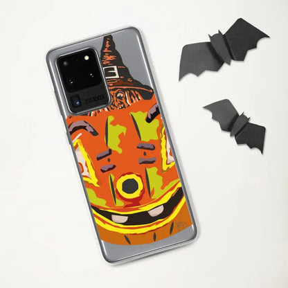 Samsung smartphone featuring Enchanting Pumpkin Witch Clear Case with decorative bats