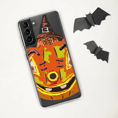 Black smartphone in Enchanting Pumpkin Witch Clear Case with bat and pumpkin design