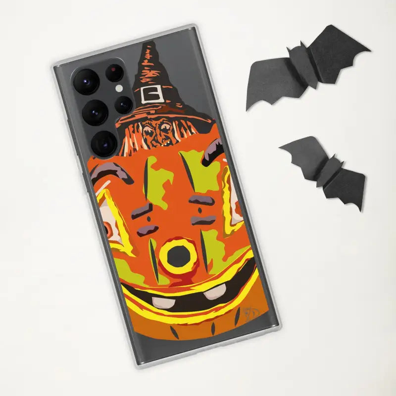 Halloween-themed Pumpkin Witch Clear Case for Samsung Galaxy featuring a grinning jack-o’-lantern