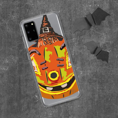 Clear phone case with a cartoon pumpkin witch design for Samsung Galaxy