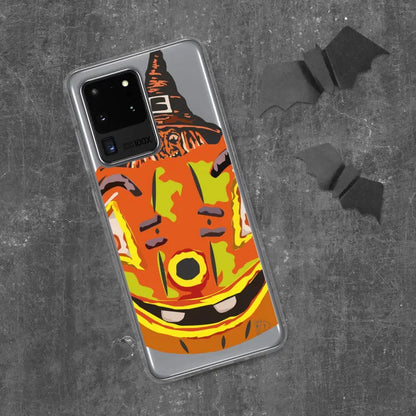 Halloween-themed pumpkin witch clear case featuring a grinning orange pumpkin wearing a hat