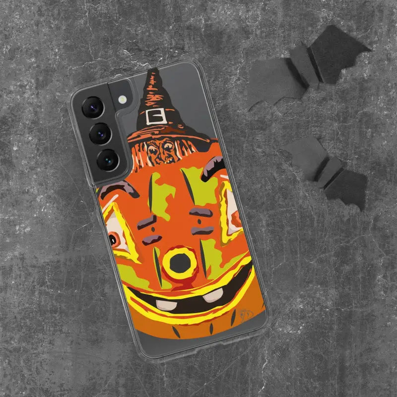 Halloween-themed Pumpkin Witch Clear Case for Samsung Galaxy with a grinning jack-o’-lantern