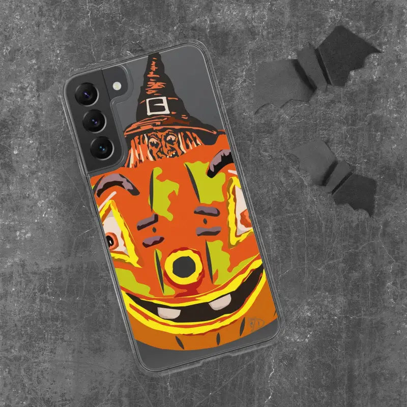 Phone case featuring a grinning Halloween pumpkin design for Pumpkin Witch Clear Case