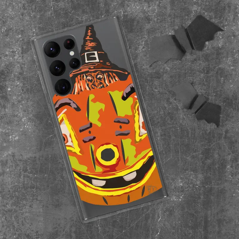 Halloween-themed phone case featuring a grinning jack-o-lantern in a witch hat