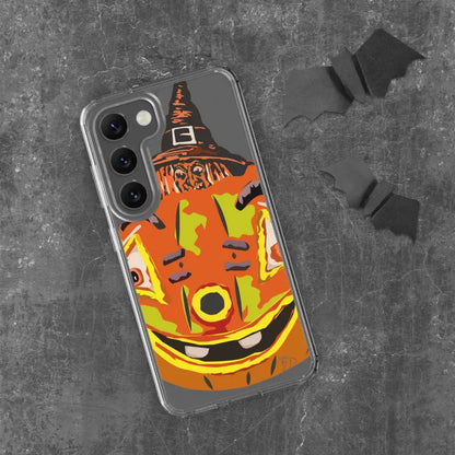 Halloween-themed pumpkin witch clear case for Samsung Galaxy featuring a grinning jack-o’-lantern