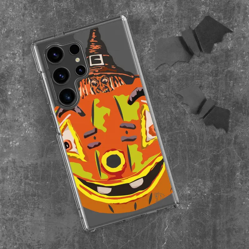 Enchanting Pumpkin Witch Clear Case for Samsung Galaxy featuring a jack-o’-lantern design