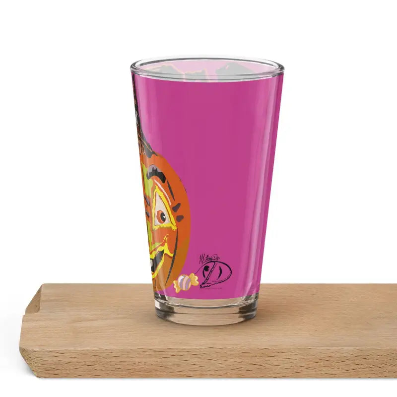 Pink shaker pint glass featuring cartoon character artwork for enchanting sips