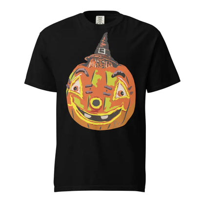 Black t-shirt with a cute Halloween pumpkin witch design for spooky festivities