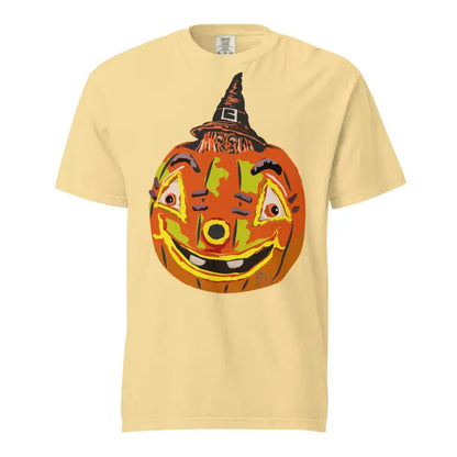 Smiling jack-o’-lantern in a witch hat on Pumpkin Witch Unisex T-Shirt design