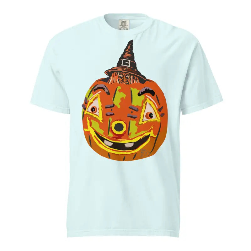 Smiling jack-o’-lantern in a witch hat on a mint green Pumpkin Witch Unisex T-Shirt