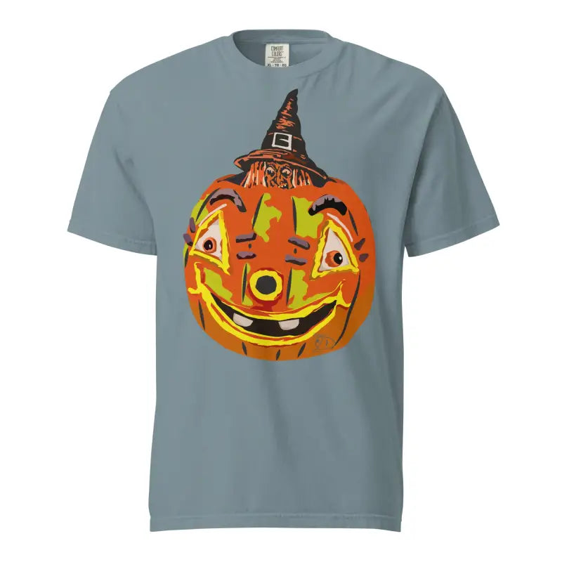 Smiling Jack-o’-lantern in a witch hat on a grey t-shirt for cute Halloween pumpkin witch