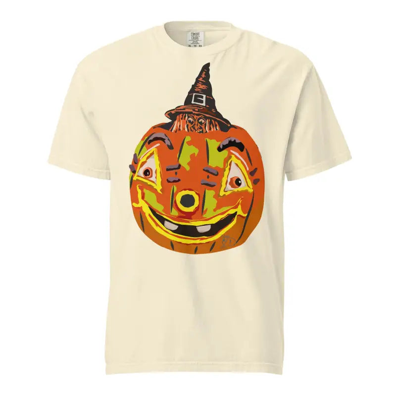 Smiling jack-o’-lantern in a witch hat on a t-shirt for cute Halloween pumpkin witch fans