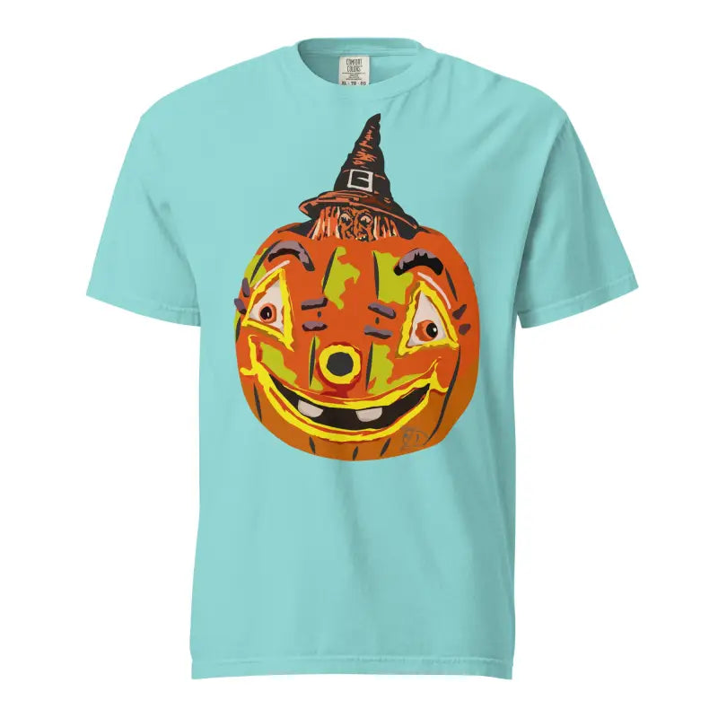 Smiling jack-o’-lantern in a witch hat on a mint green Pumpkin Witch Unisex T-Shirt