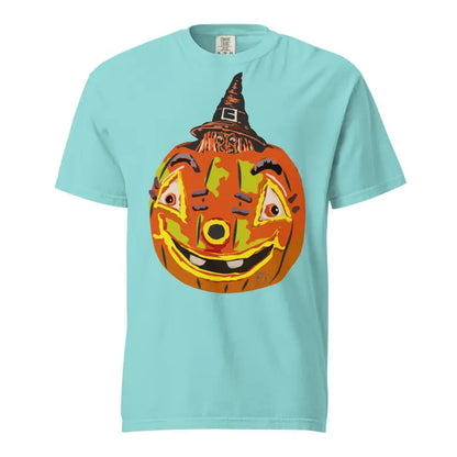 Smiling jack-o’-lantern in a witch hat on a mint green Pumpkin Witch Unisex T-Shirt