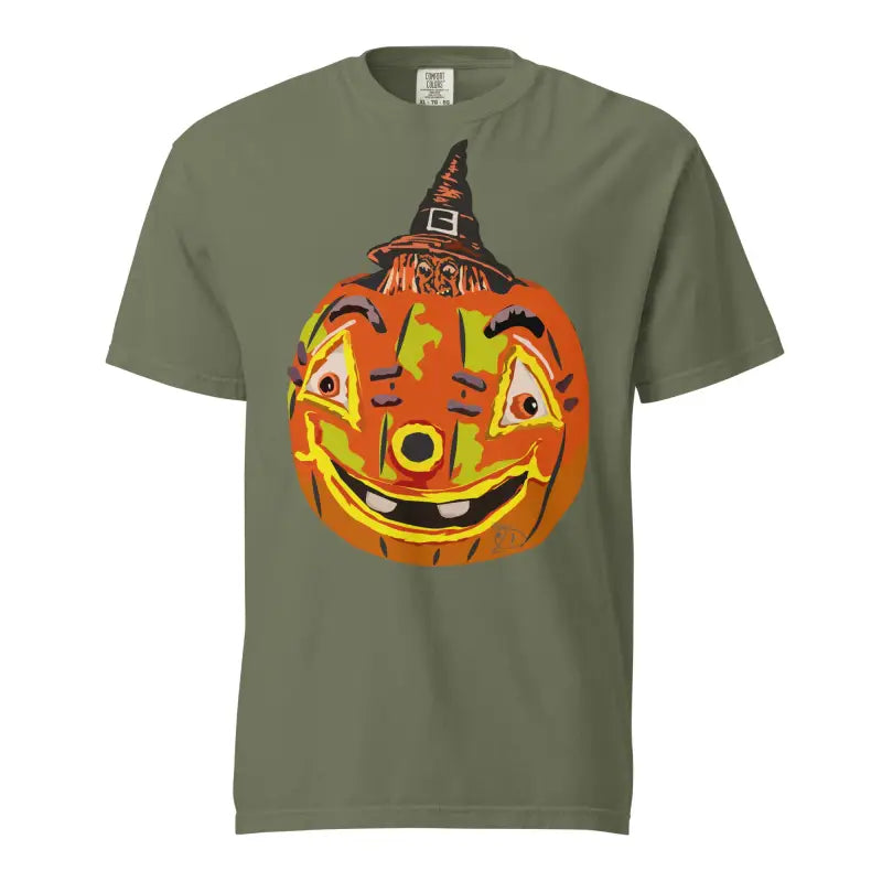 Olive green t-shirt with a cute Halloween pumpkin witch design for festive comfort