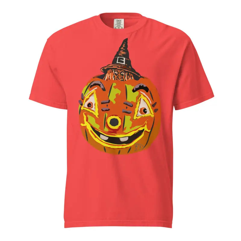 Red pumpkin witch unisex t-shirt featuring a smiling jack-o’-lantern in a witch hat