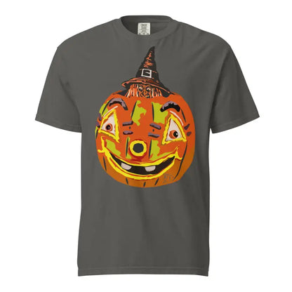 Smiling vintage-style Halloween pumpkin design on Pumpkin Witch unisex t-shirt