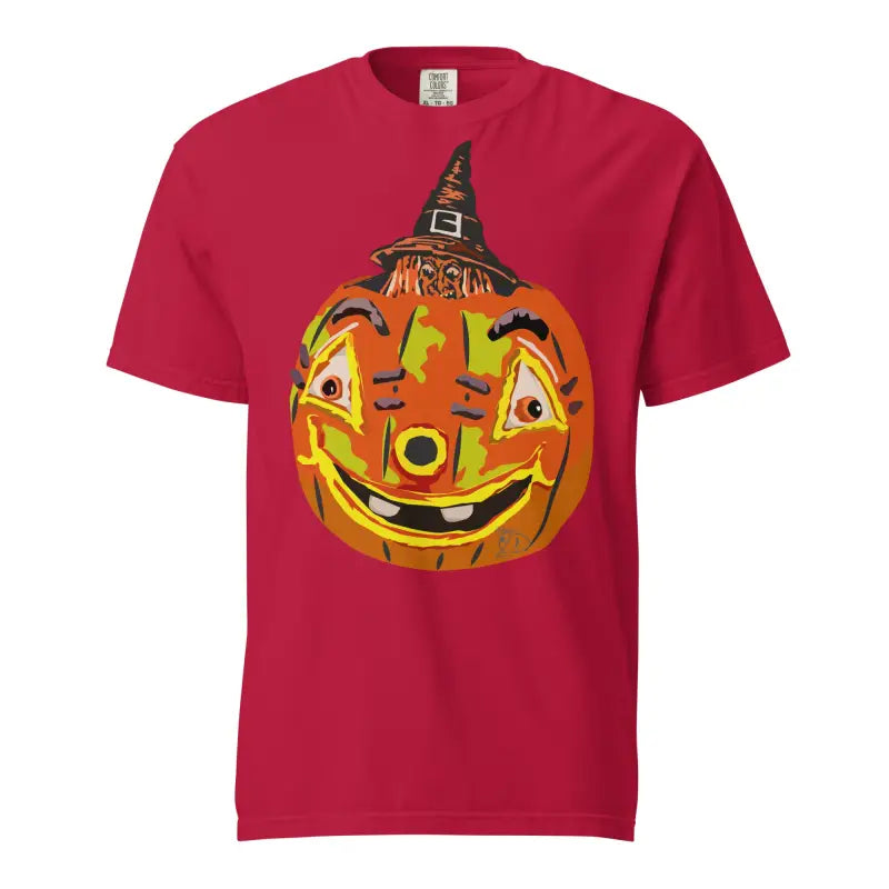 Red Pumpkin Witch Unisex T-Shirt featuring a smiling jack-o’-lantern in a witch hat