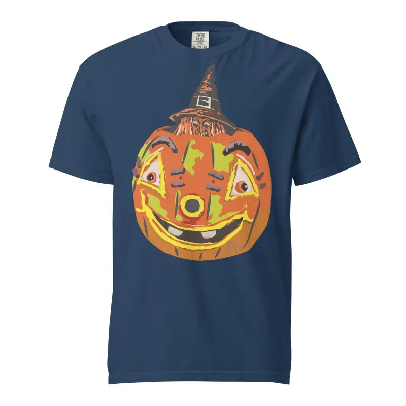 Navy blue Pumpkin Witch Unisex T-Shirt featuring a smiling jack-o’-lantern in a witch hat