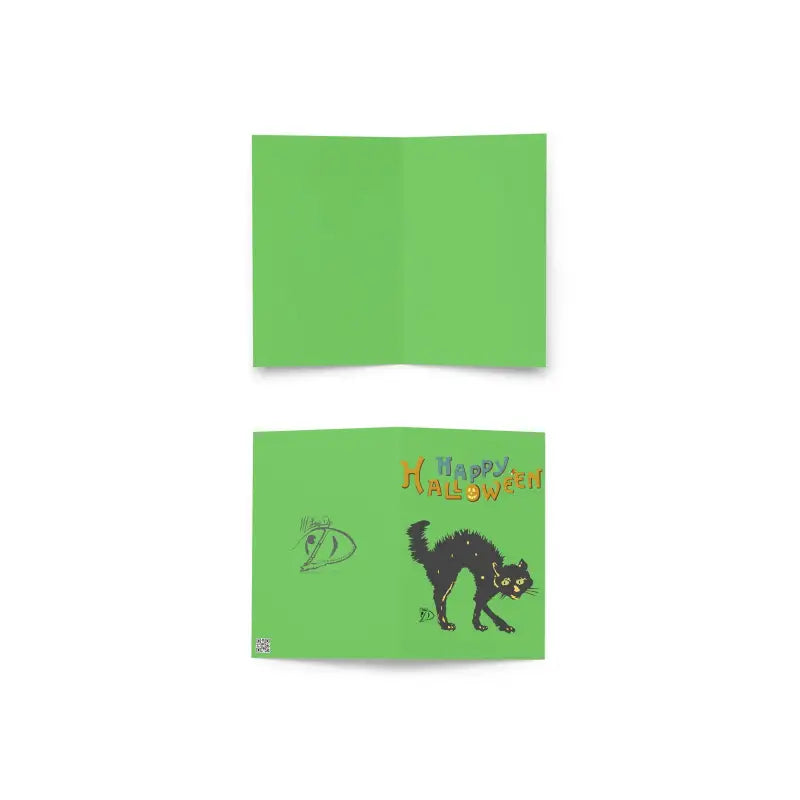 Green Halloween greeting card featuring a scary cat design for festive celebrations