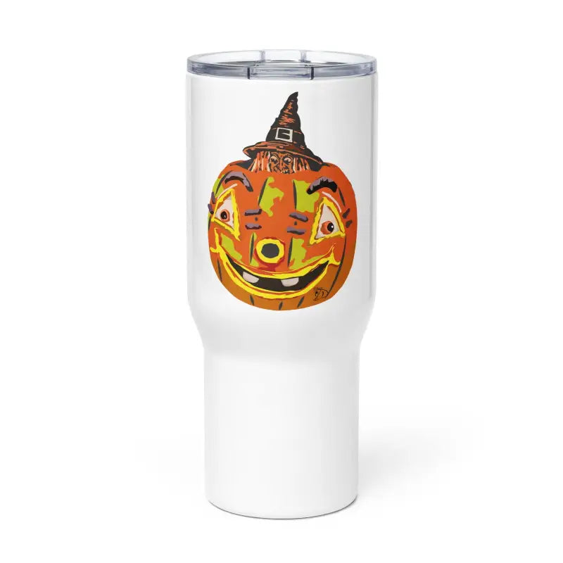 White insulated travel mug featuring a vintage Halloween jack-o’-lantern and witch hat