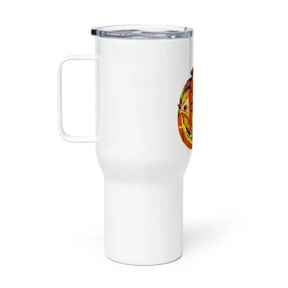 White insulated travel mug with handle and logo from Pumpkin Witch Travel collection