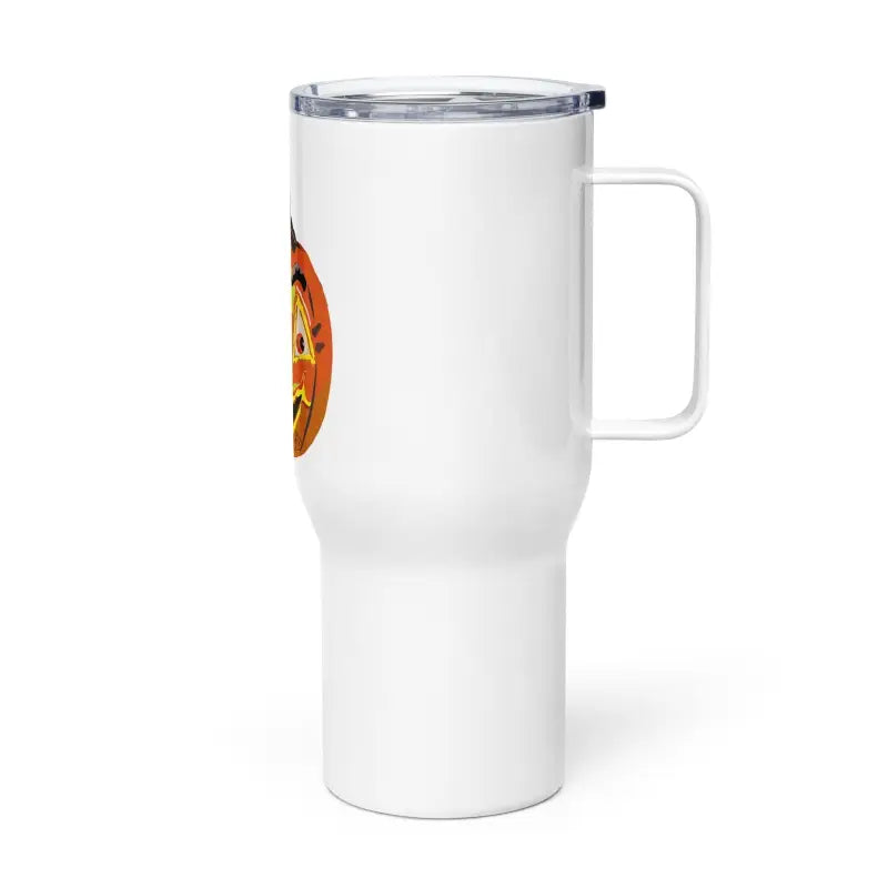 White insulated travel mug with handle and lid from the Pumpkin Witch Travel Mug