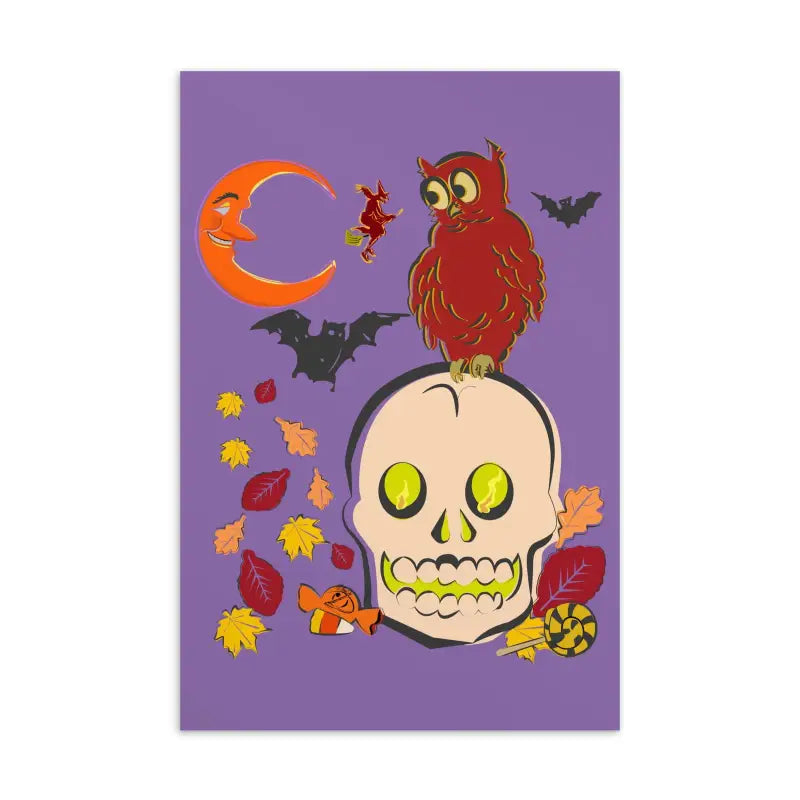 Product Image: A Halloween postcard featuring a red owl on a glowing skull, with bats, a crescent moon, and autumn leaves.
Close-Up Detail: High-quality matte paper texture, showcasing rich, fade-resistant Halloween artwork.
Lifestyle Image (if applicable): The Witching Hour Watcher postcard displayed alongside fall decorations and Halloween treats.