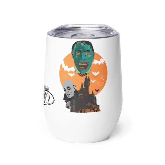 White Halloween wine tumbler featuring green monster, orange moon, and spooky castle design