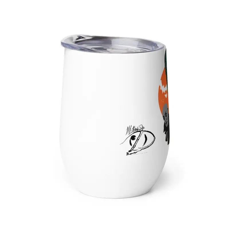 White insulated wine tumbler with orange and black logo for Enchanted Sips Halloween