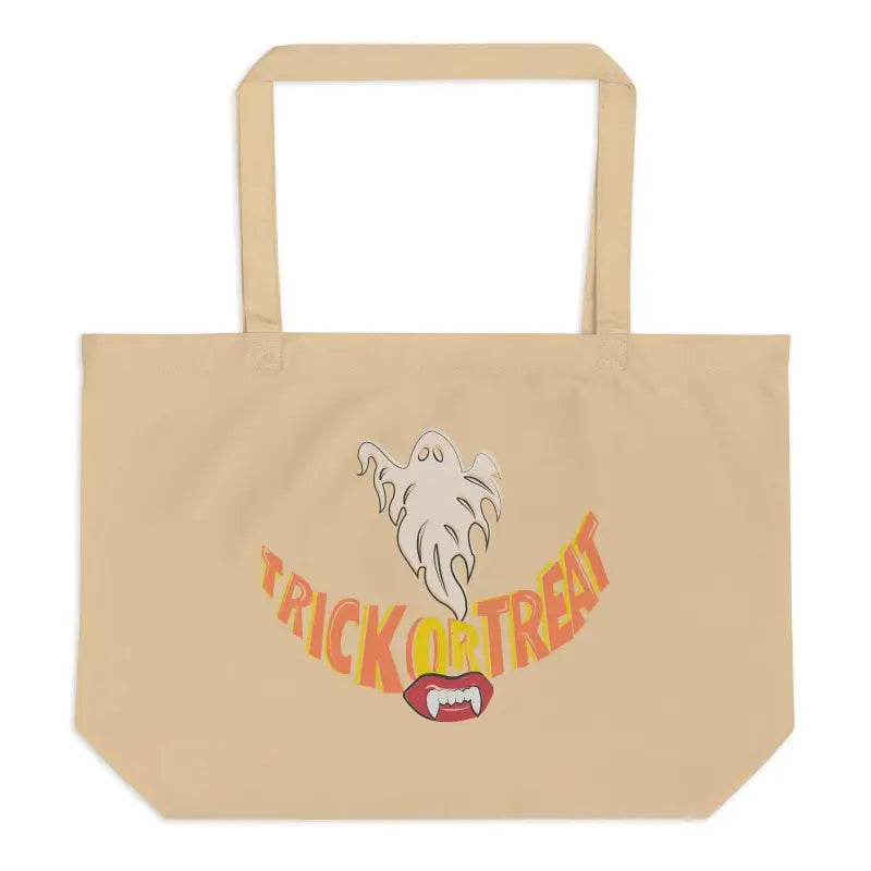 Beige tote bag featuring Trick or Treat text and ghost design for treat smiles large