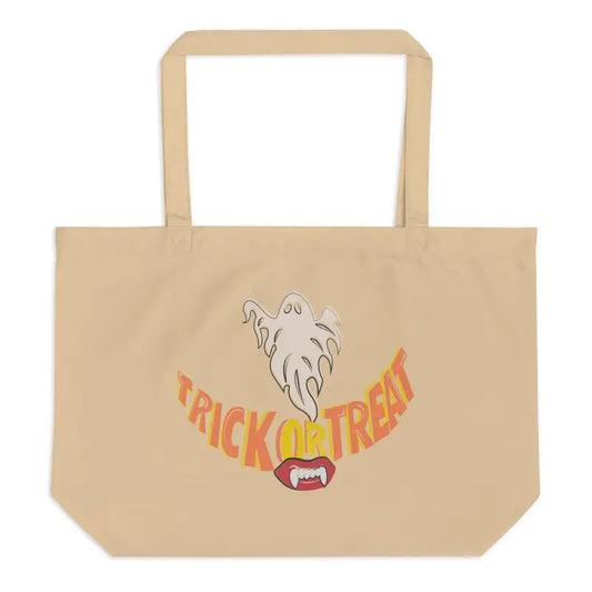 Beige tote bag featuring Trick or Treat text and ghost design for treat smiles large