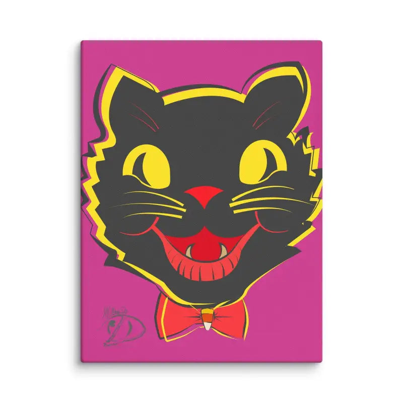 Vintage black cat head with yellow eyes and red bowtie on pink Halloween canvas art