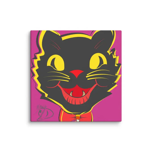 Vintage Black Cat head with yellow eyes and red bowtie for Halloween canvas art