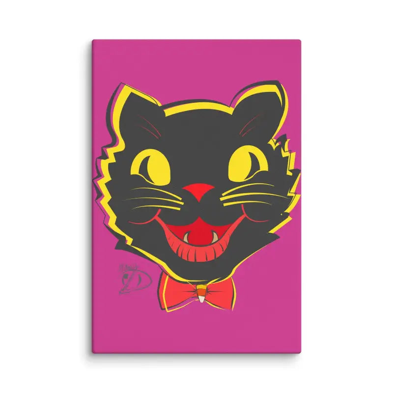 Smiling vintage black cat head with bow tie on pink background for Halloween canvas art