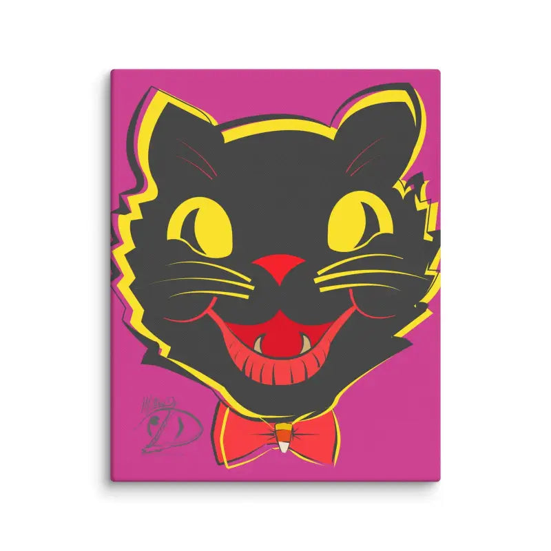 Cartoon vintage black cat head with yellow eyes on pink backdrop for Halloween canvas art