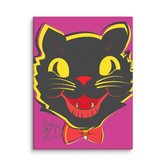 Smiling vintage black cat with yellow eyes and red bow tie for Halloween canvas art