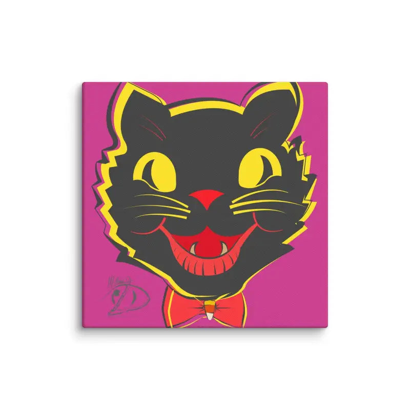 Smiling vintage black cat head with yellow eyes and red bow tie in Halloween canvas art